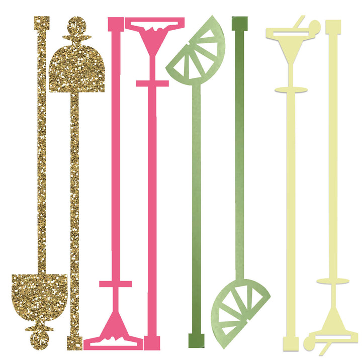 Set of colorful cocktail stirrers with margarita, tequila and lime shapes on a white background