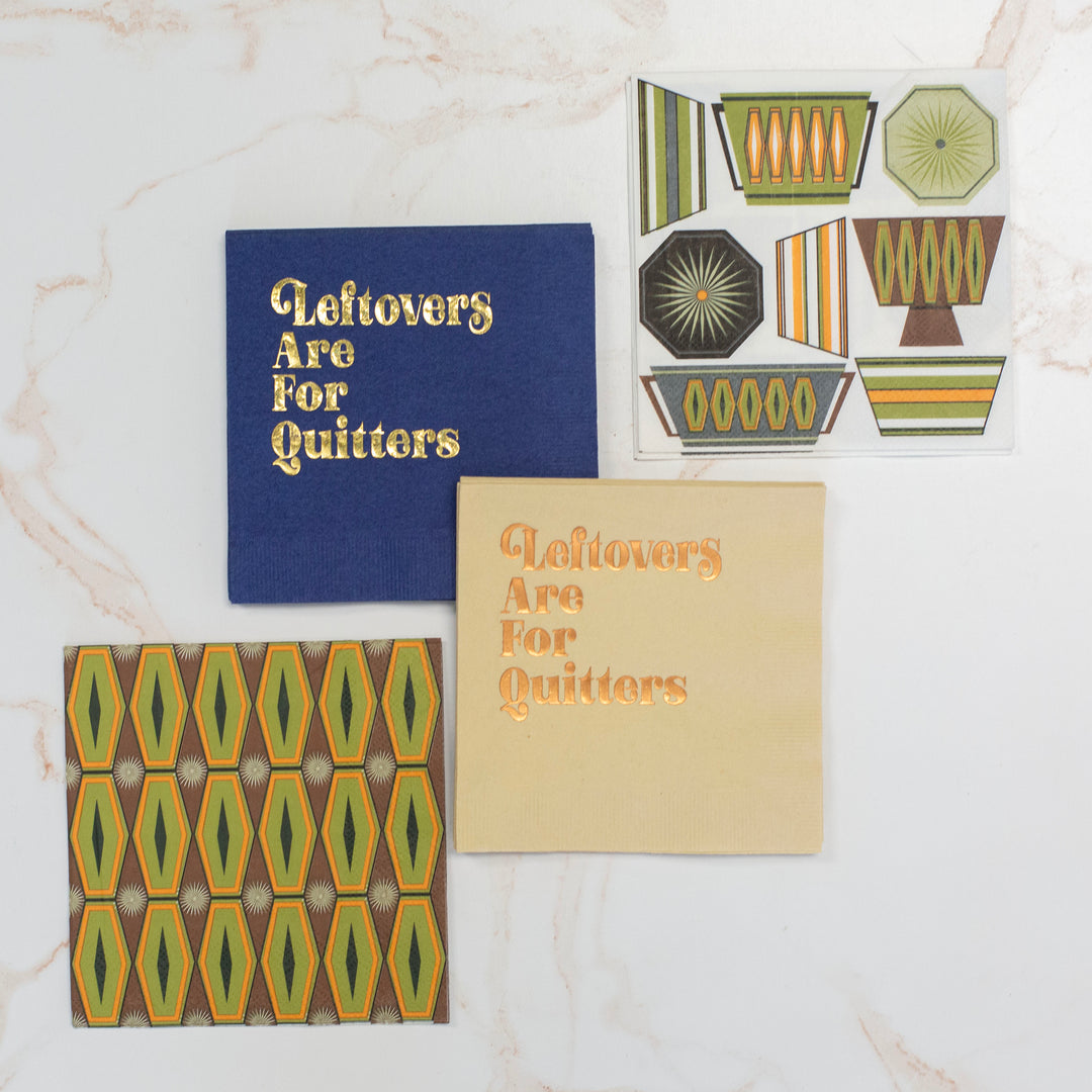4 unique thanksgiving cocktail napkins in blue, cream, green, browna nd orange