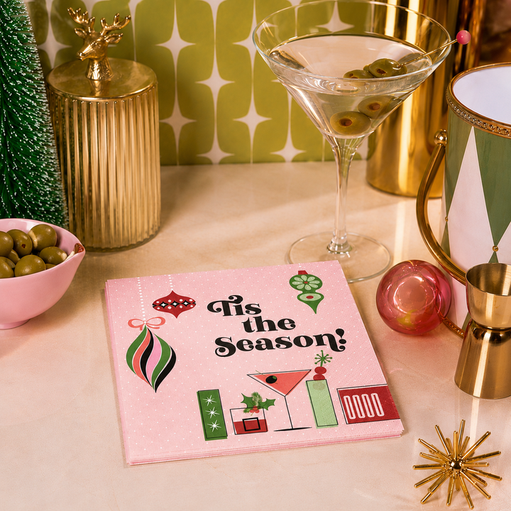 Tis the Season Retro Holiday Christmas Pink Cocktail Napkin