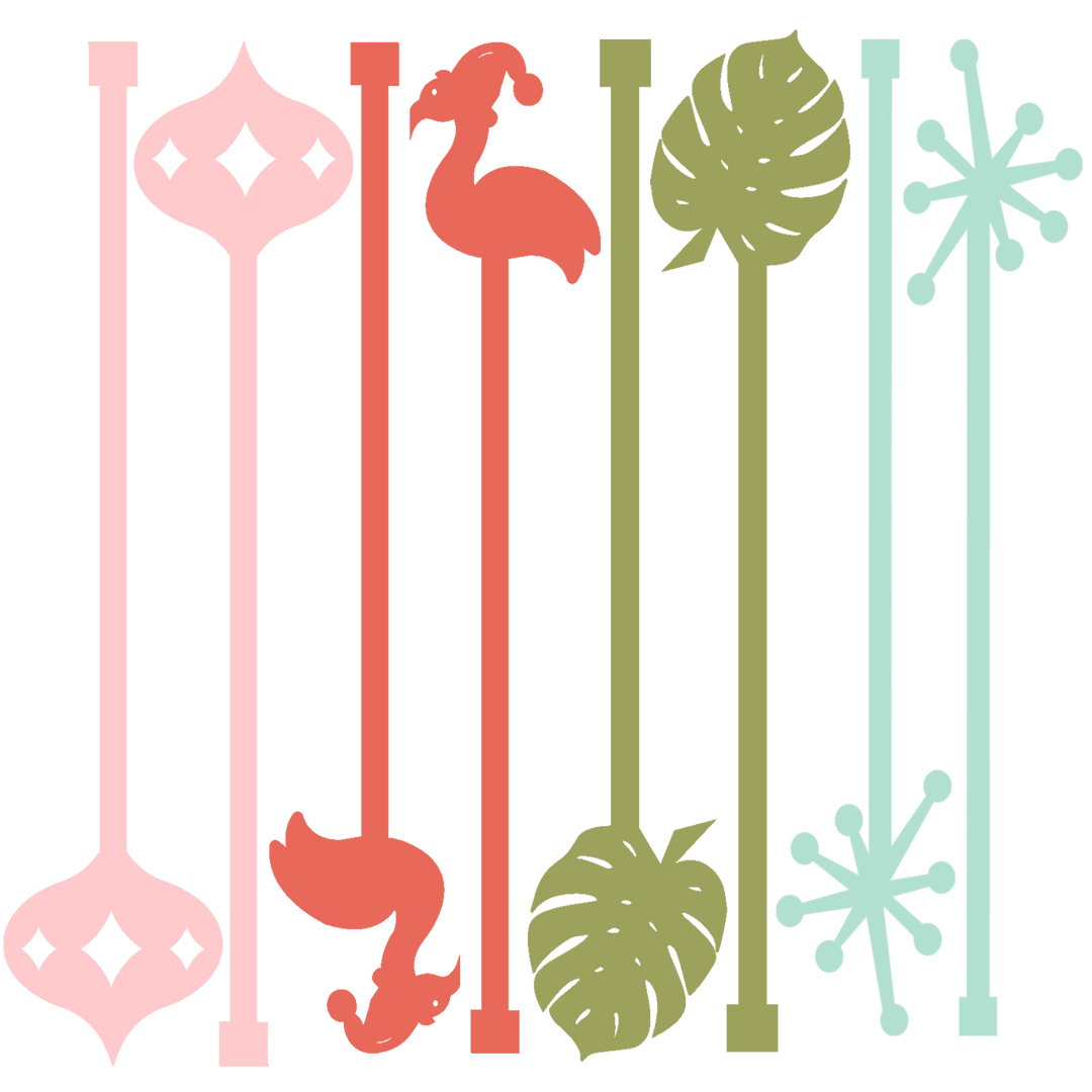 Set of 8 reusable acrylic drink stirrers featuring Mid Century Modern holiday ornaments, Santa flamingos, tropical monstera leaves, and atomic starbursts in pink, coral, sage green, and aqua.