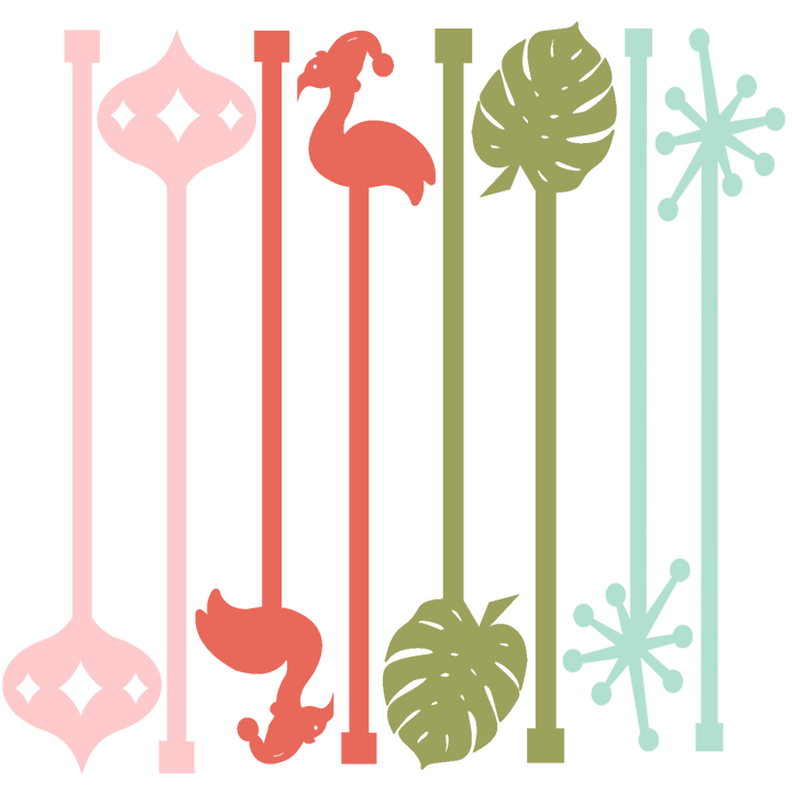 Set of 8 reusable acrylic drink stirrers featuring Mid Century Modern holiday ornaments, Santa flamingos, tropical monstera leaves, and atomic starbursts in pink, coral, sage green, and aqua.