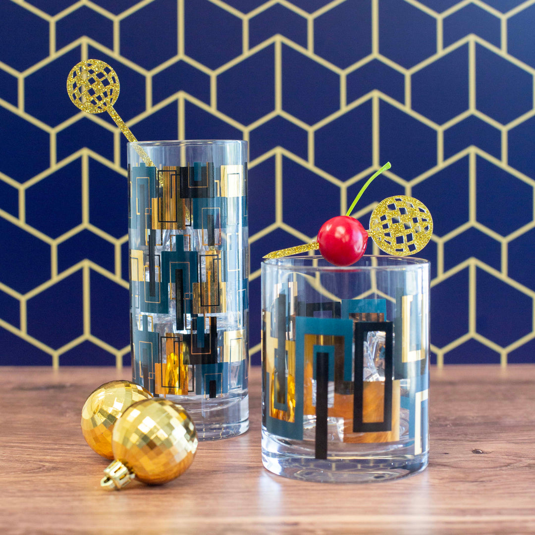 Blue and Gold Squares Mid Century Tall Highball Vintage Cocktail Glass