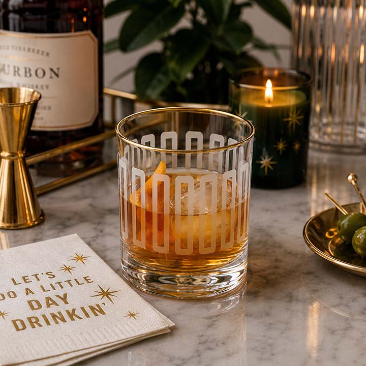Frosted Mid Century Retro Whiskey Rocks Glass with Gold Rim