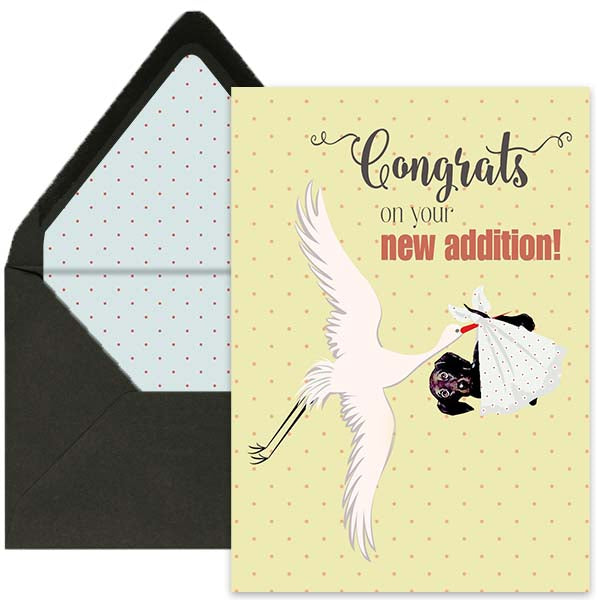 Welcome a new furry friend with this vintage stork "Congrats on your new addition" greeting card! Showcase your heartfelt sentiments with the nostalgic design and envelope liner for a touch of elegance and keepsake memories.