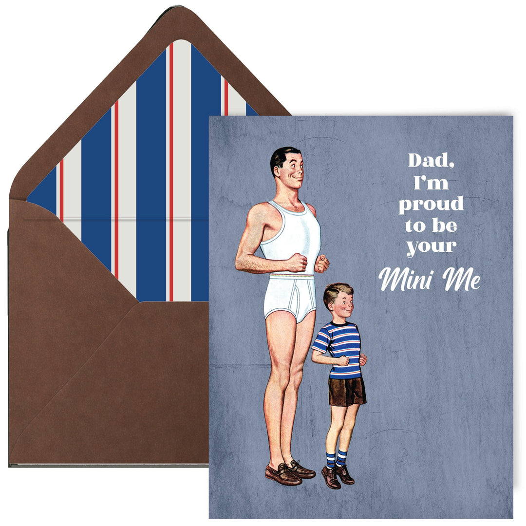 Father's Day card with illustration of a man and a boy, featuring a striped envelope.