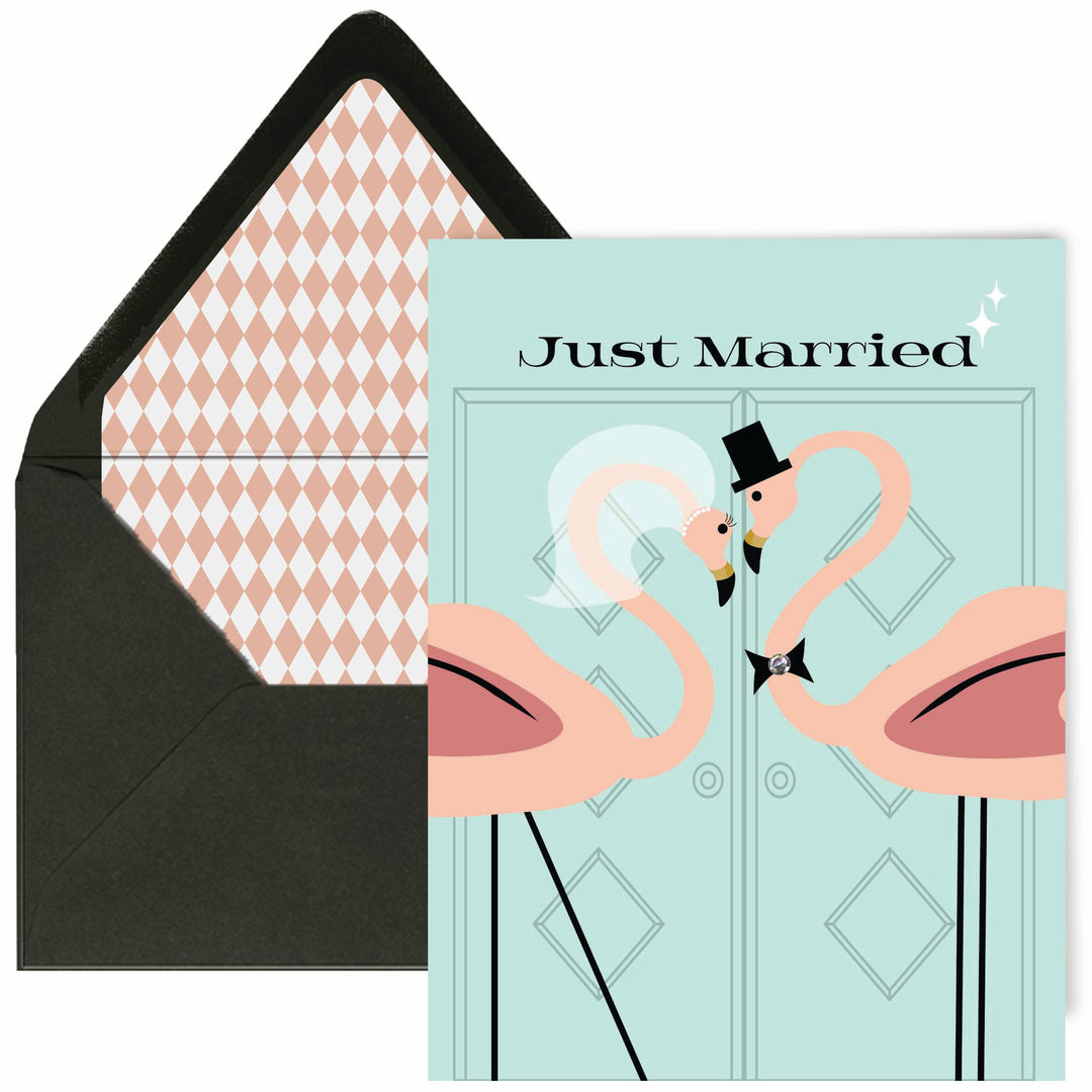 keepsake wedding Card with 'Just Married' text and vintage flamingo design, featuring a patterned envelope liner and black envelope