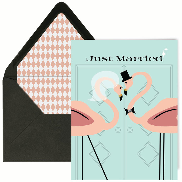 keepsake wedding Card with 'Just Married' text and vintage flamingo design, featuring a patterned envelope liner and black envelope