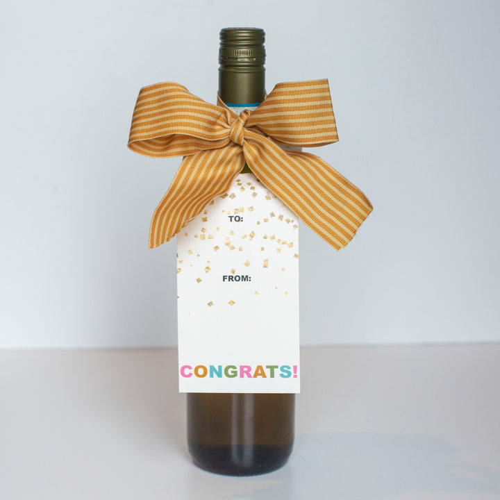 Congrats Confetti White Paper Wine Tag with Ribbon