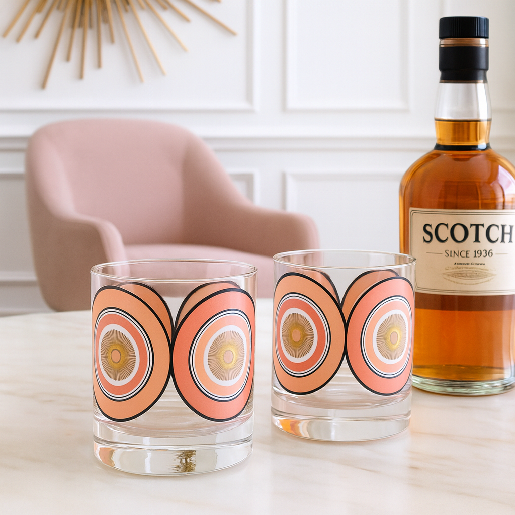 Pink and Gold Circles Mid Century Modern Vintage Cocktail Glasses