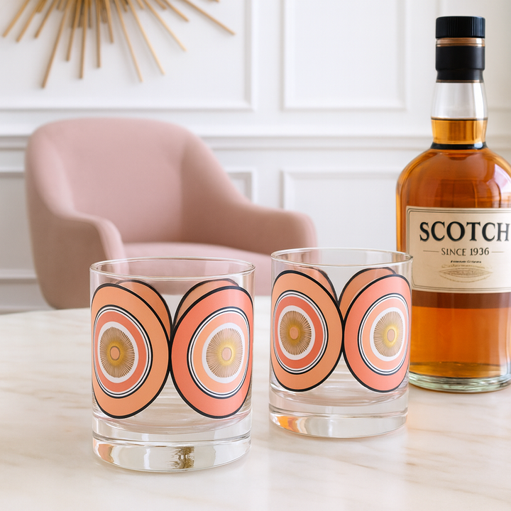 Pink and Gold Circles Mid Century Modern Vintage Cocktail Glasses