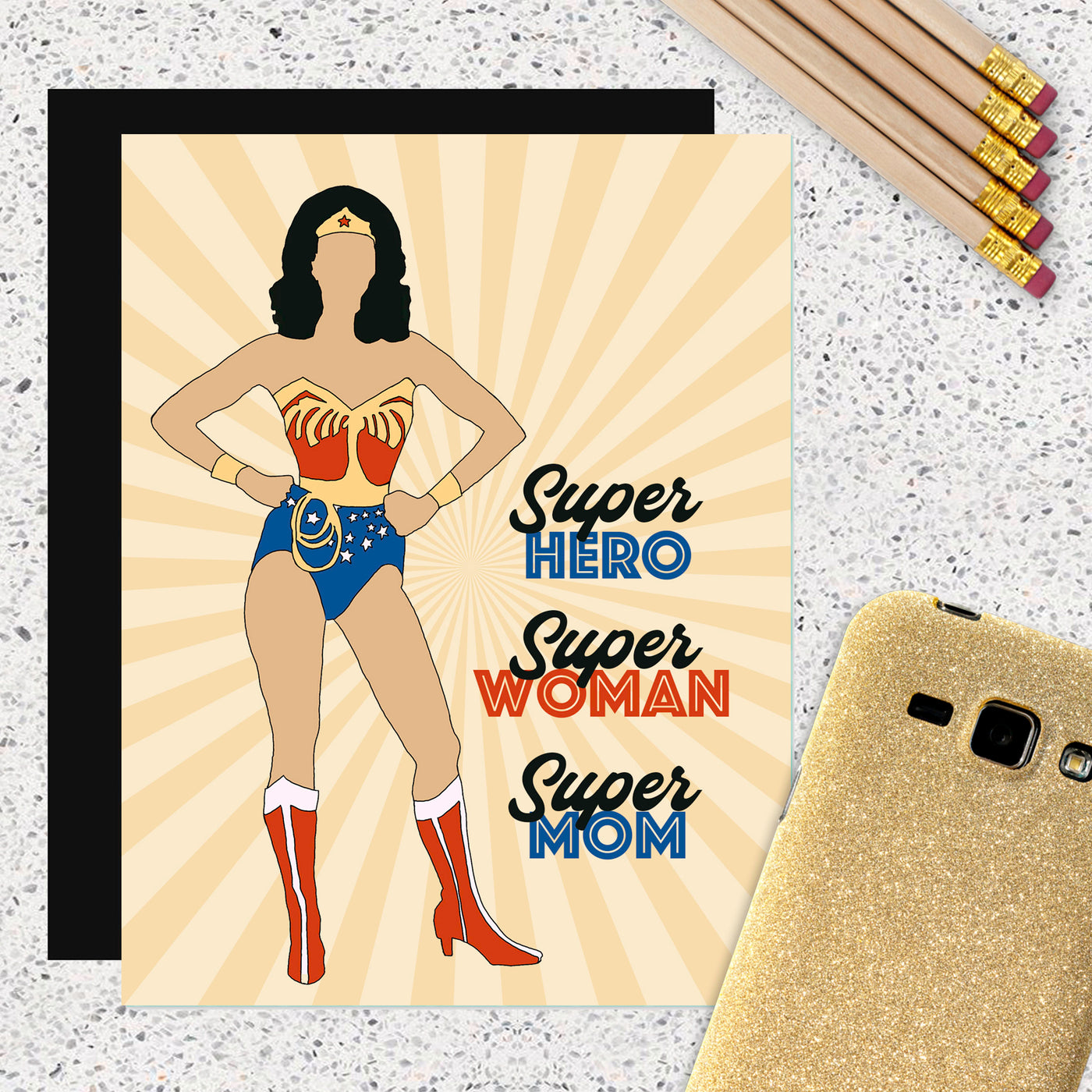 wonder woman hand drawn pop icon super hero super woman super mom greeting card