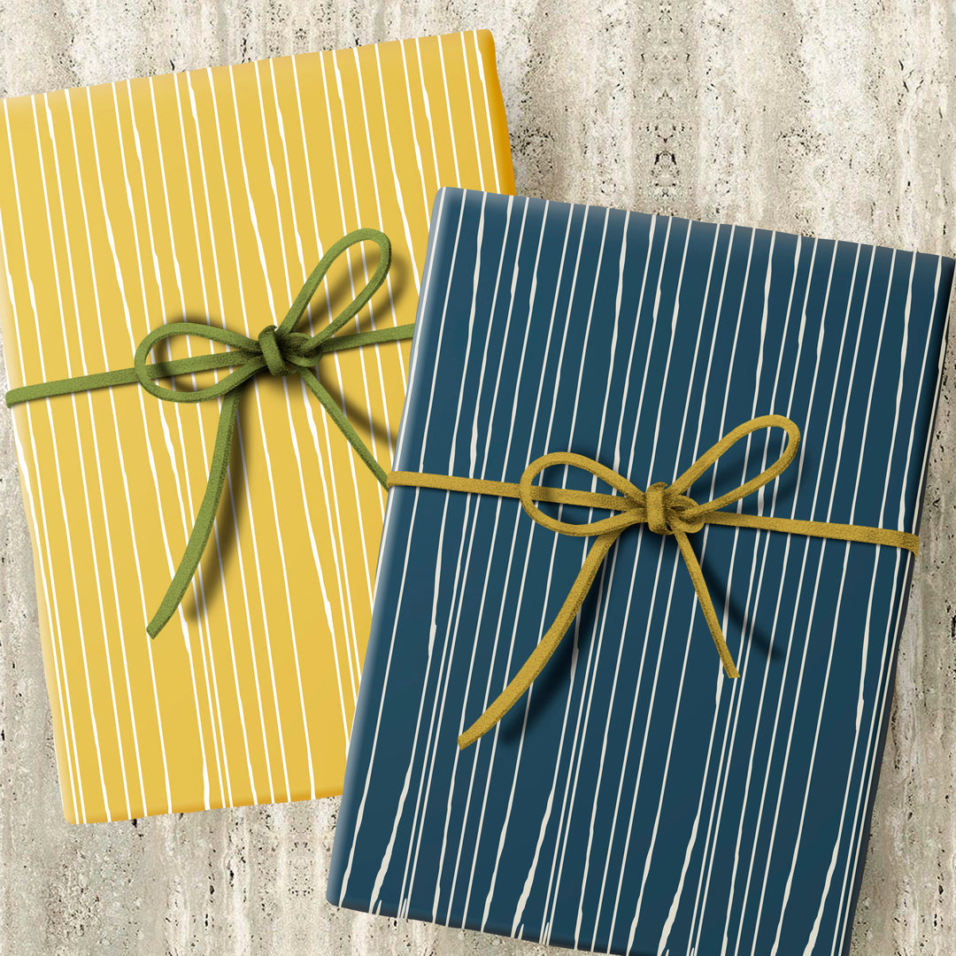 Worn Stripe Blue and Yellow Mid Century Double Sided Gift Wrap Craft Sheet