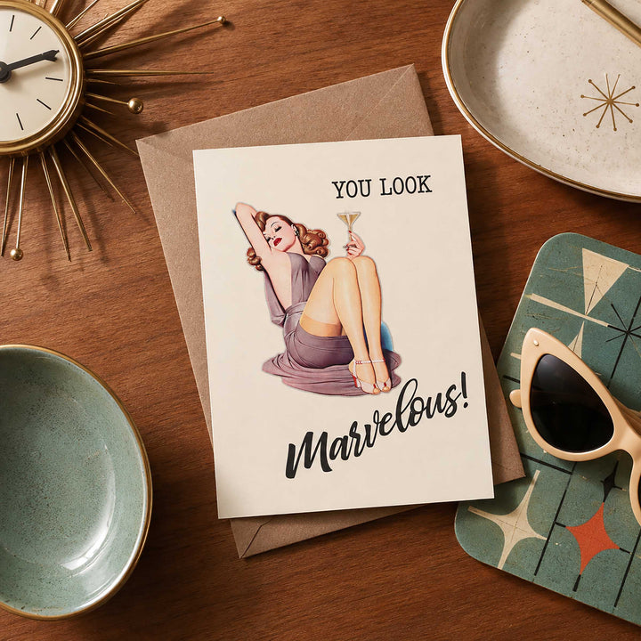 You Look Marvelous Pinup Martini Birthday Greeting Card