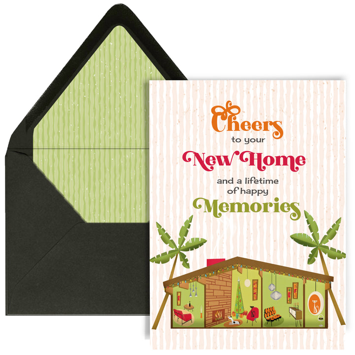 Greeting card with a mid century modern house illustration and text 'Cheers to your New Home' for housewarming and new home owners