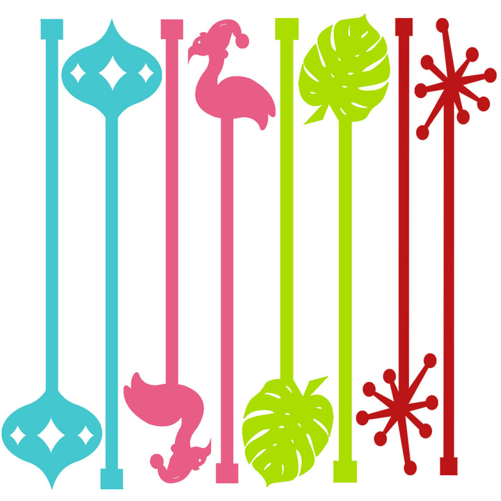 Take your holiday mixology to the islands 🌴 with this 🎅🏼-approved set of 8 Coastal Christmas Beverage Mixing Swizzle Sticks! 🍹 Perfect for adding a fun coastal or Palm Springs vibe to your festive beverages.&nbsp;These unique&nbsp;drink stirrers feature a charming flamingo wearing a Santa hat and&nbsp;merried with&nbsp;palms and retro ornaments for a&nbsp;nostalgic&nbsp;coastal or Palm Springs-inspired vibe. Ready to create a magical holiday experience? Grab a set and start mixing!