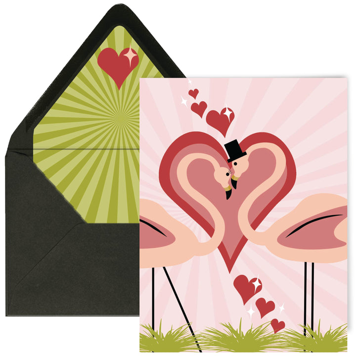 Card with retro vintage flamingo design and envelope featuring a green heart