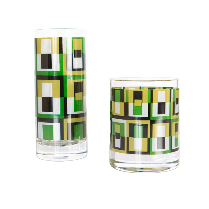 green square mid century modern vintage inspired highball and whiskey rocks glasses