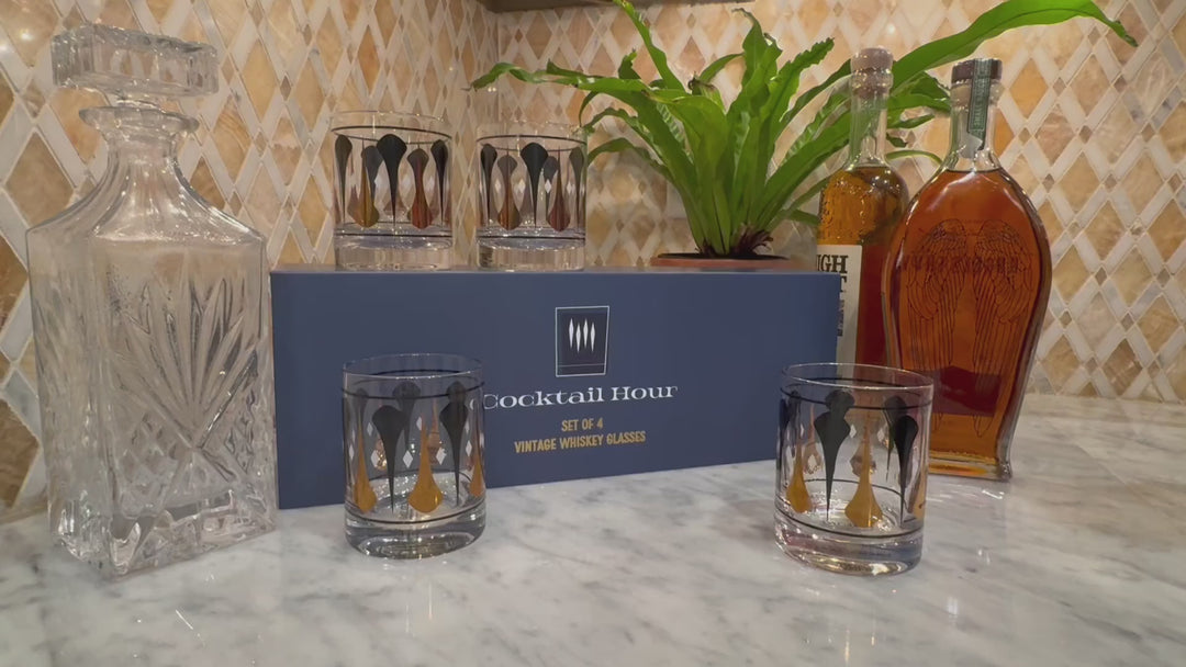 Cocktail Hour Set of 4 Black and Gold Darts Vintage Whiskey Glasses