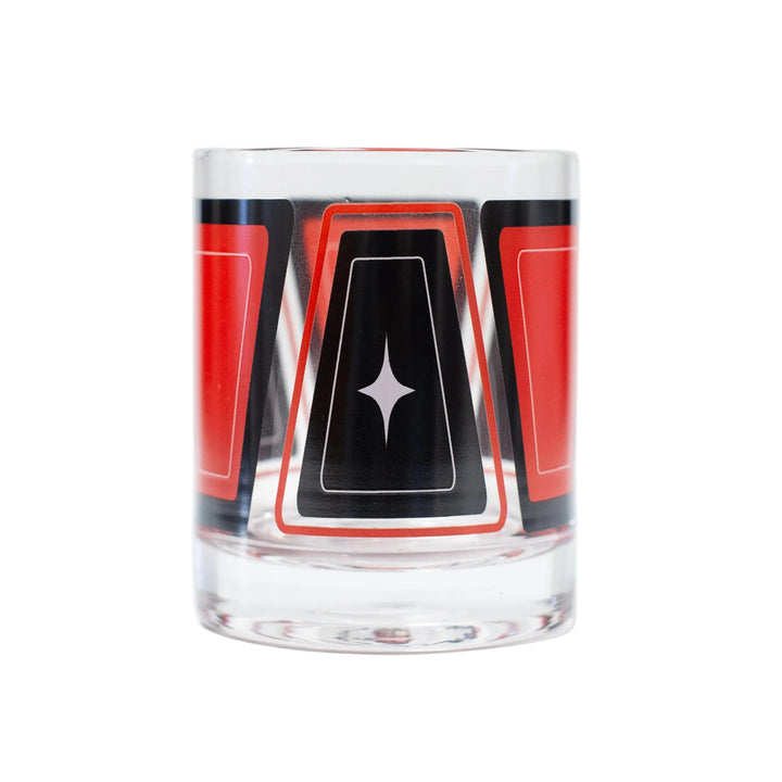 red and black retro shape whiskey glass. vintage inspired whiskey cocktail glass for father's day, holiday and host gift.