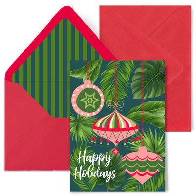Retro Ornament and Palm Tree Holiday Greeting Card
