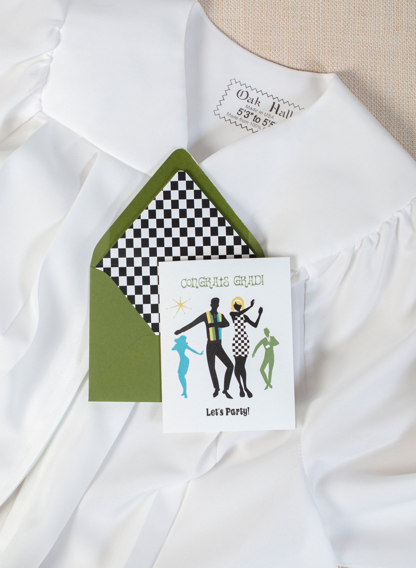 Groovy mod dancer vintage graduation card with checker envelope liner