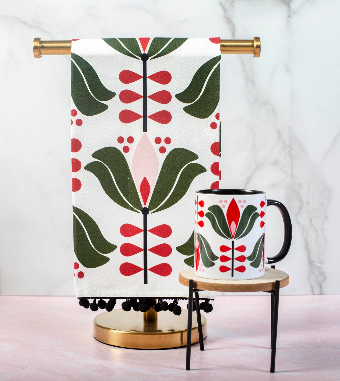 mid century modern lotus flower kitchen or bar tea towel with fringe trim  housewarming gift