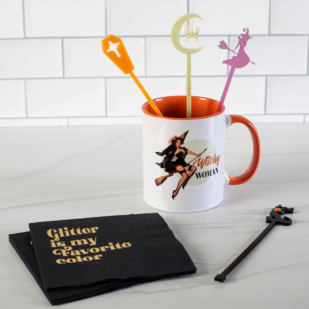 Create a festive cocktail with these Halloween Swizzle Stix. Mid Century Modern Design. The black cat boasts an orange rhinestone for a hint of glam. Perfect for cocktails, coffee, Halloween and seasonal parties, or impromptu celebrations. these acrylic drink stirrers add fun to any drink. Washable and reusable makes them an eco friendly option. Makes a great gift for Fall Birthdays, happy housewarming, Girls Night Out and bachelorettes