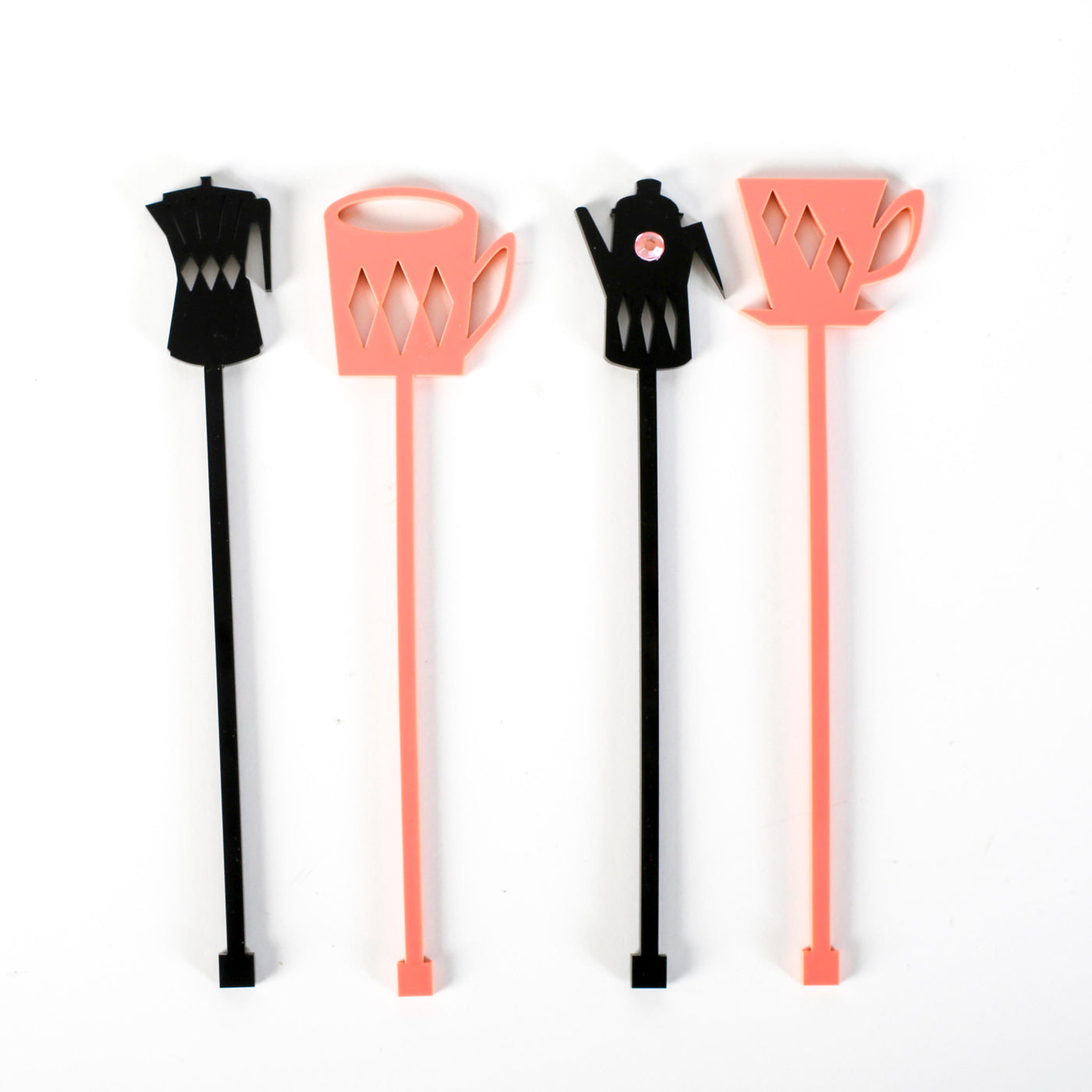 Create a festive cocktail with these pink Retro Coffee Swizzle Stix drink stirrers! Perfect for cocktails, coffee bar, or impromptu celebrations, these acrylic drink stirrers add fun to any drink. Washable and reusable makes them an eco friendly option. Rhinestone detail adds a unique flair. Makes a great gift for coffee lovers, newlyweds, happy housewarming, birthdays and bachelorettes.