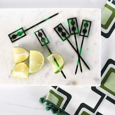 An elegant look with an affordable price. This Mid Century Modern inspired green acrylic cocktail pick set will make a classy statement on any bar. Great for Holiday parties and Cinco de Mayo gatherings
