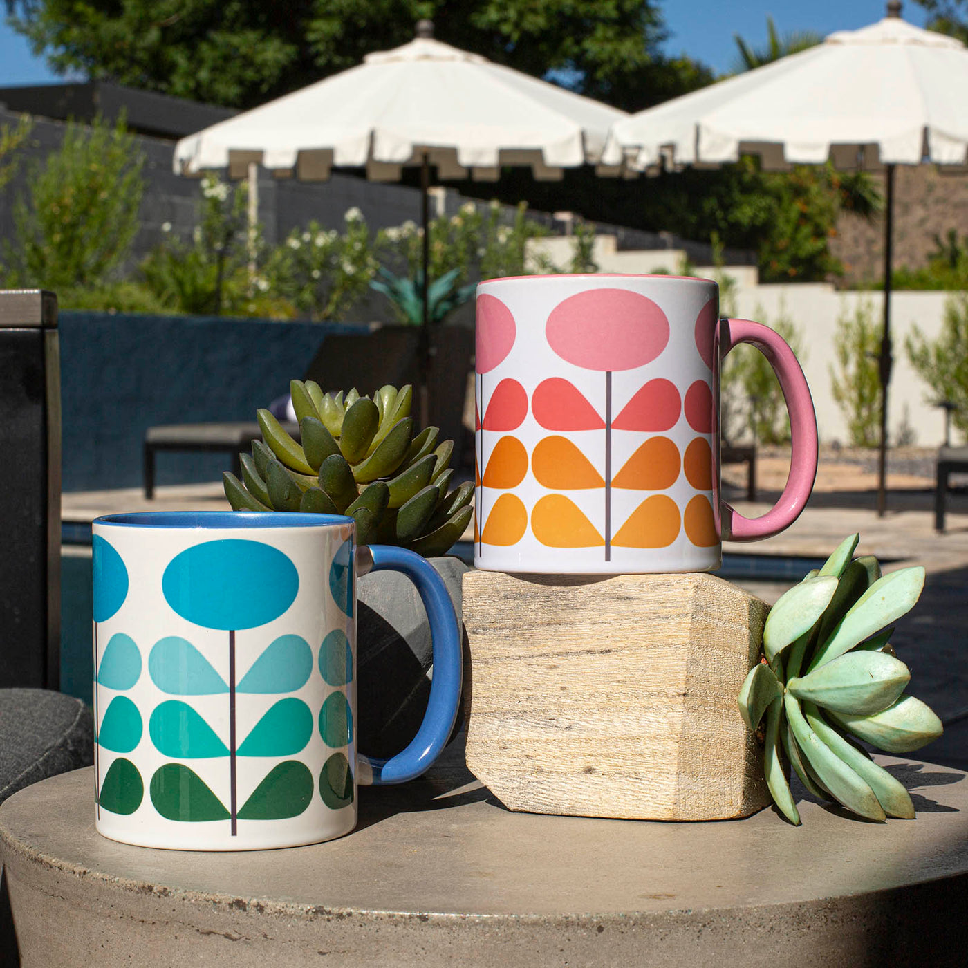 mid century modern pink or blue  flower 11 oz ceramic coffee mug