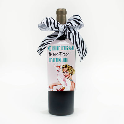 Cheers to a Fierce Bitch Paper Wine Tag for milestone birthday or last minute birthday gift retro wine tag