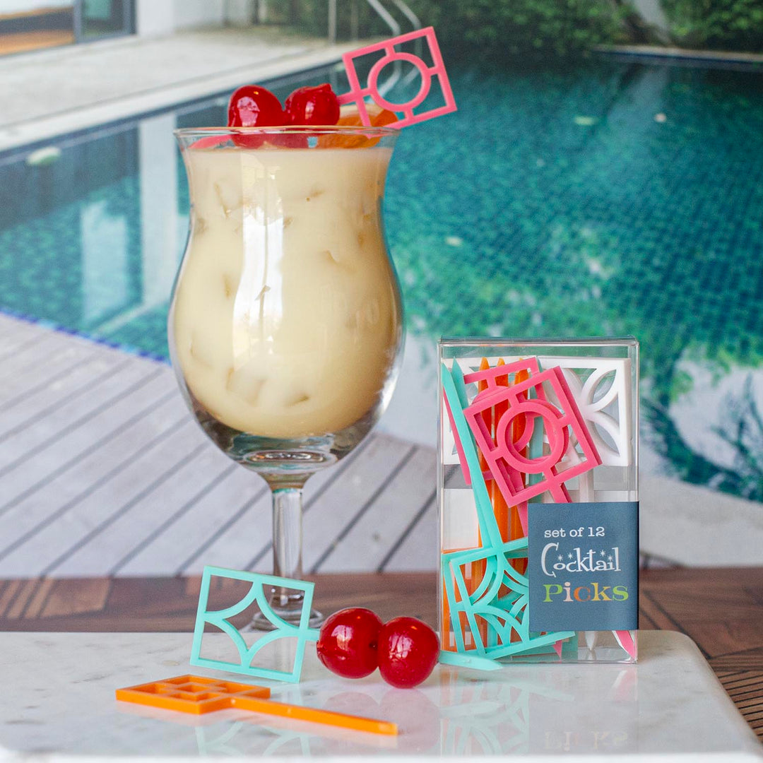 palm springs inspired breeze block set of 12 acrylic cocktail picks - boxed and ready for gift giving for housewarming or host and hostess gifts