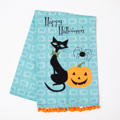 Mid Century Modern black cat Halloween bar or kitchen Tea Towel - Fall host or hostess gift ideas. great fall housewarming giftModLoungePaperCompany