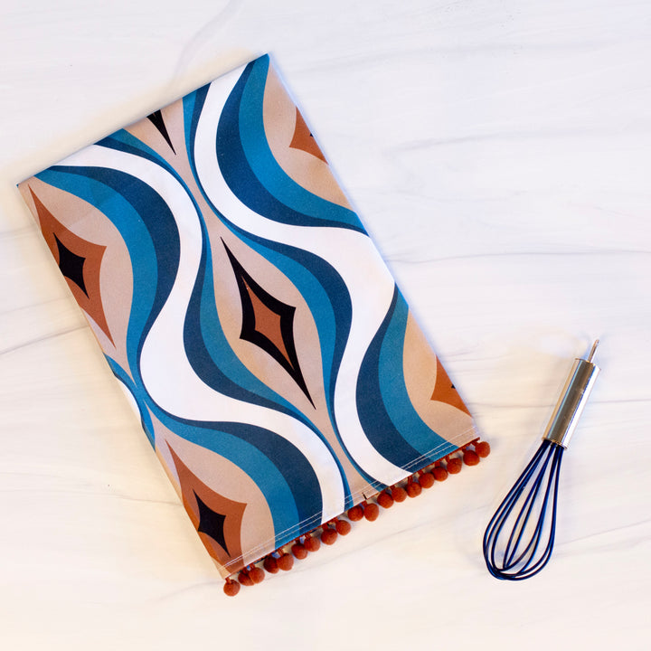 Blue Diamond Wave Mid Century Bar Tea Towel with Trim