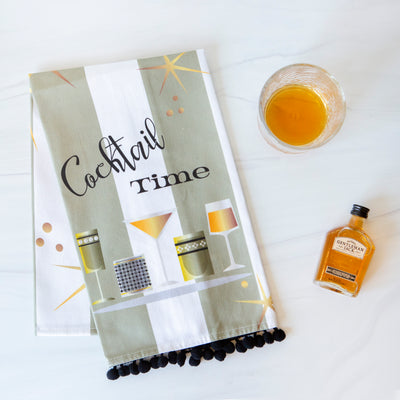 100% cotton vintage cocktail time bar tea towel with chenille trim