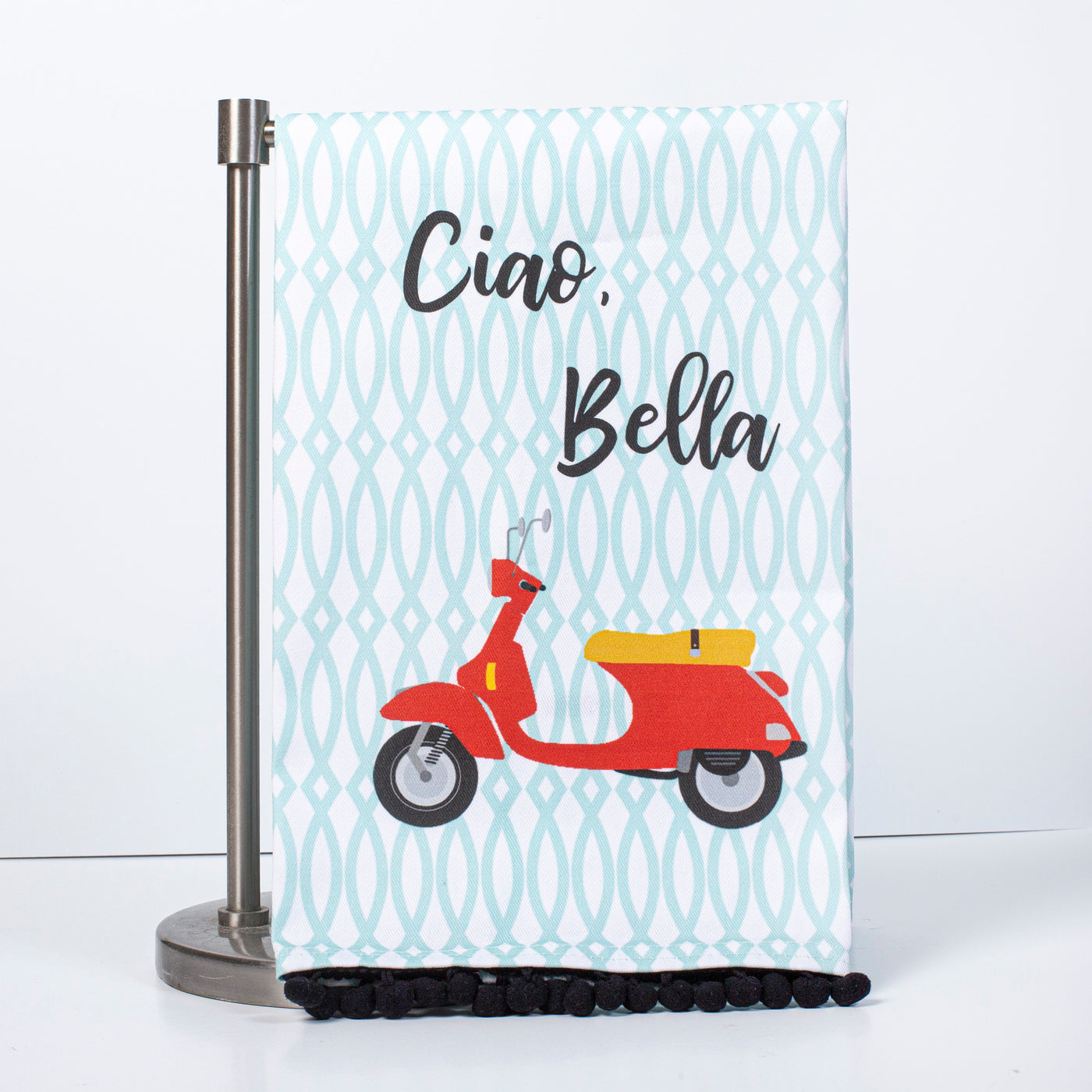 ciao bella vintage vespa kitchen tea towel with trim