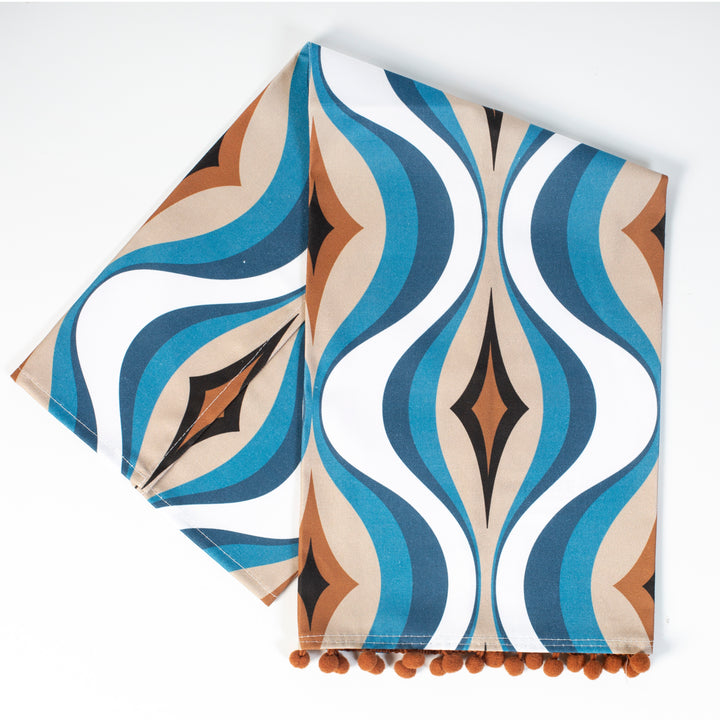 Blue Diamond Wave Mid Century Bar Tea Towel with Trim