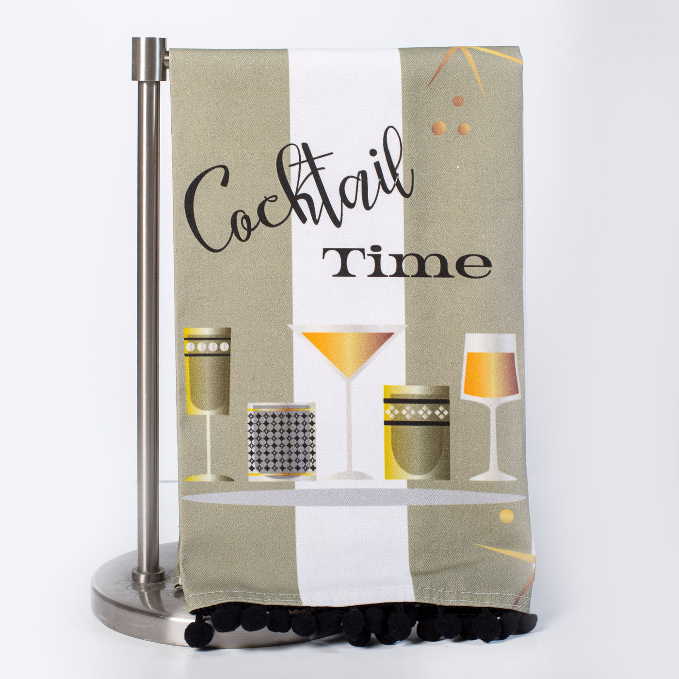 vintage cocktail time bar tea towel with chenille trim