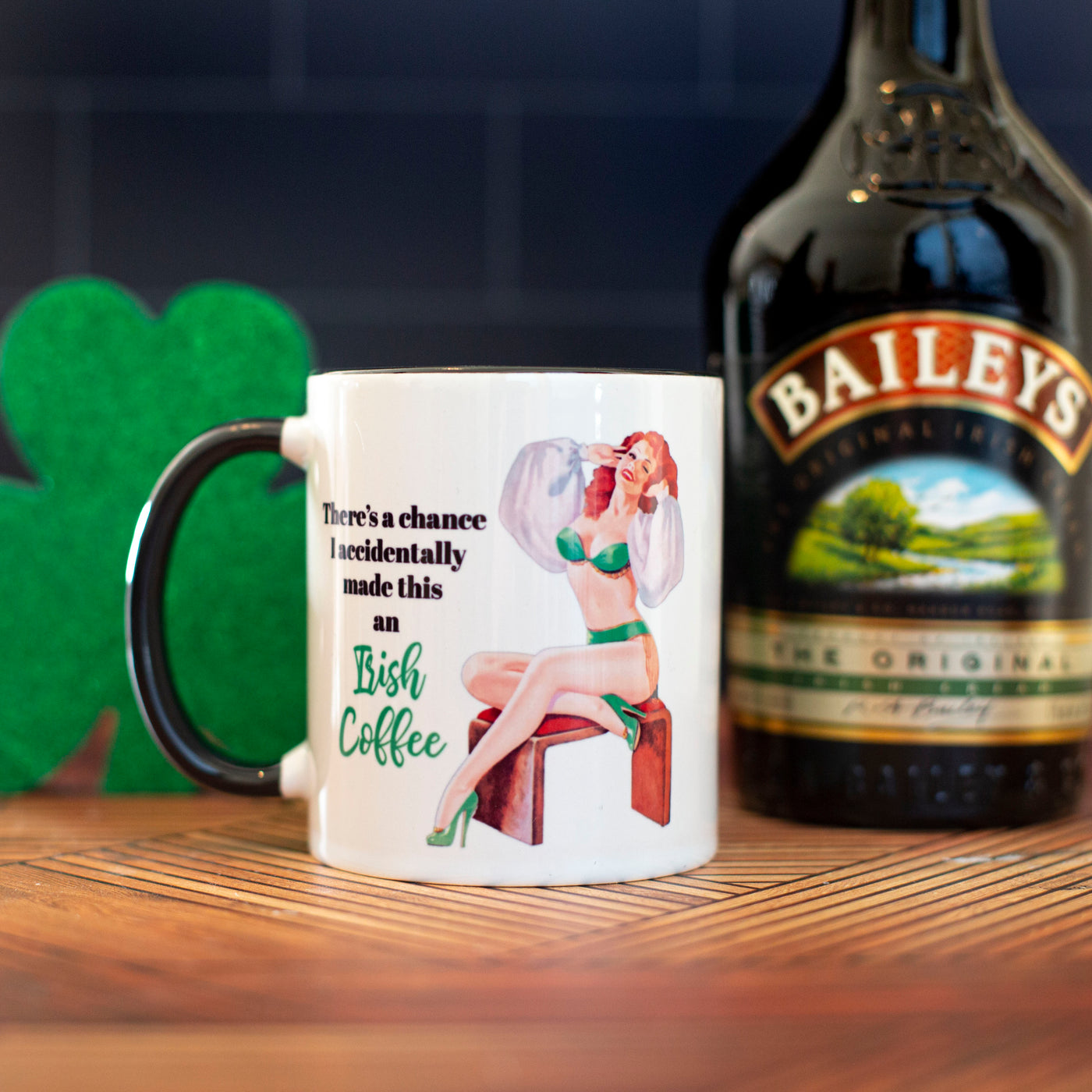vintage pinup "theres a chance this is irish coffee" funny two tone coffee mug great for st patricks day, co-worker gift, girl gift or spring birthday presents