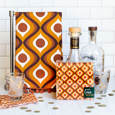mid century modern geometric amber bar tea towel and cocktail napkin
