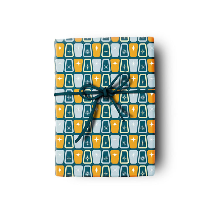 atomic blues mid century modern gift wrap yellow blue white sparkle craft sheets wrapping paper