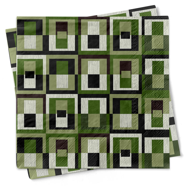 Green Square in Rectangle Mid Century Modern Cocktail Beverage Napkin