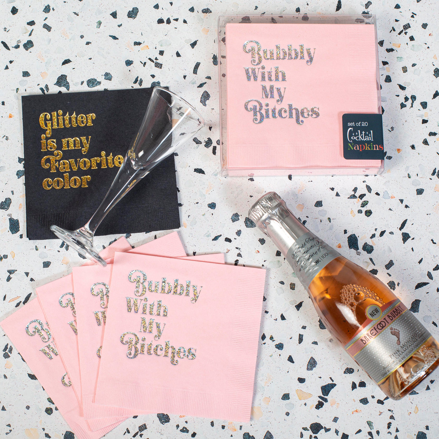 girls night out bachelorette bubbly with my bitches silver glitter foil on pink 3 ply cocktail beverage napkin