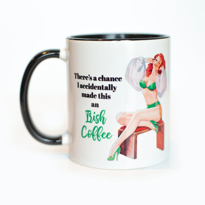 vintage pinup "theres a chance this is irish coffee" funny two tone coffee mug great for st patricks day, co-worker gift, girl gift or spring birthday presents. Add Baileys for an extra special treat!