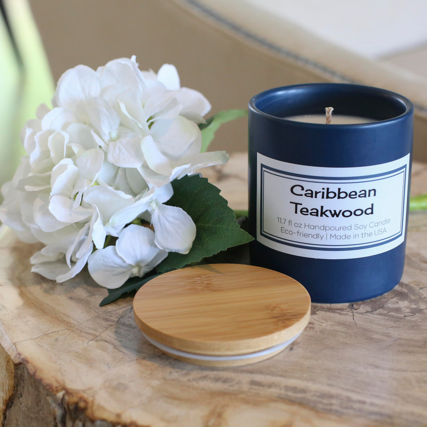 caribbean teakwood mid century modern masculine slate blue matte vessel hand poured eco friendly soy candle. Made in the USA