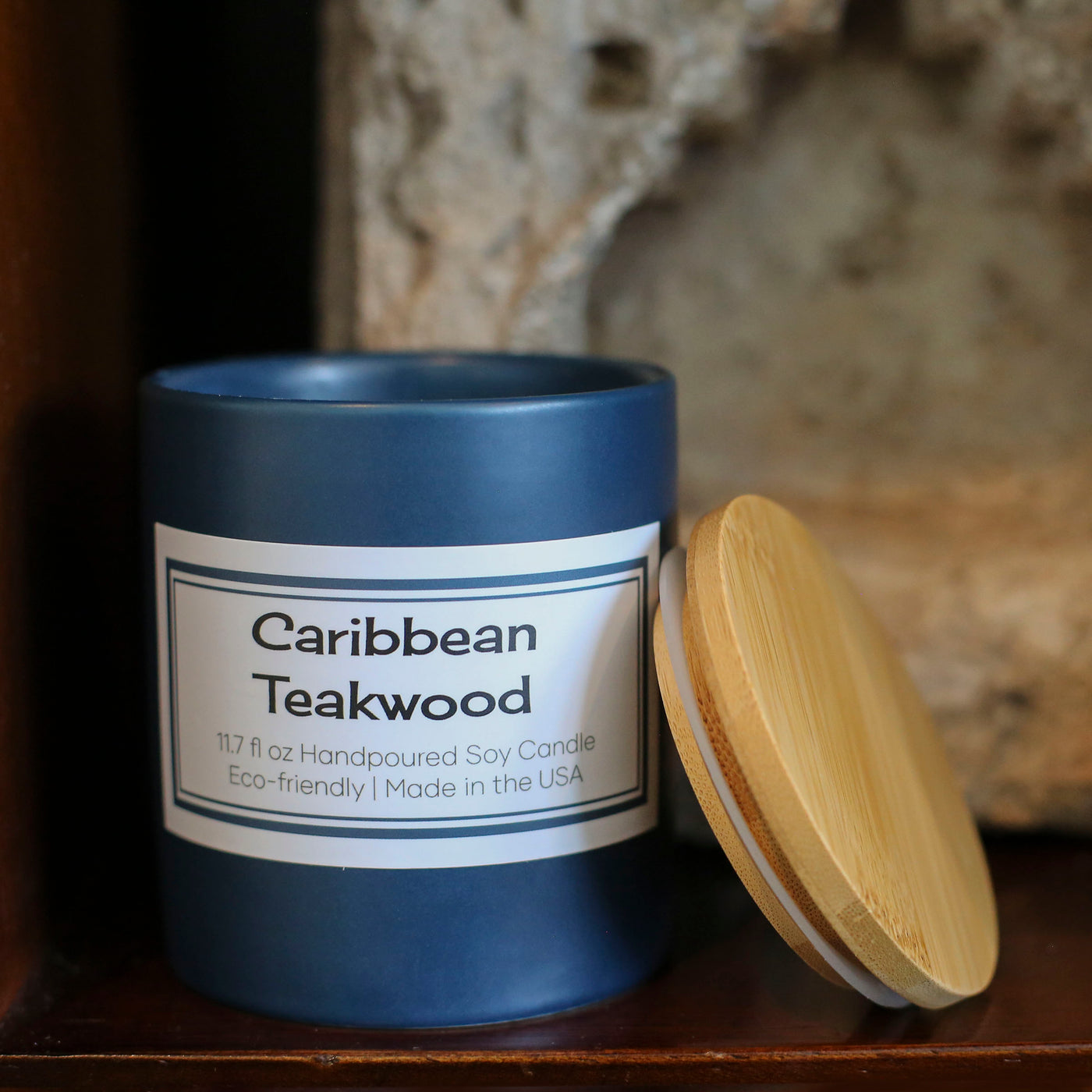caribbean teakwood mid century modern masculine slate blue matte vessel hand poured eco friendly soy candle. Made in the USA 
