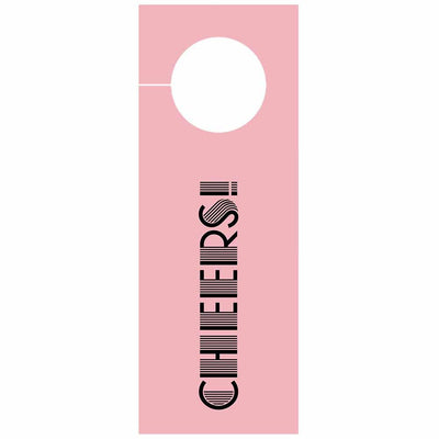 cheers pink paper wine tag with polka dot ribbon for birthdays, anniversary gift, housewarming gift, bachelorette gift or girls night out. Great for last minute add on gift or add to wine bottle