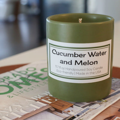 mid century modern spa zen cucumber water and melon all natural hand poured soy candle. Eco-friendly. Made in the USA.
