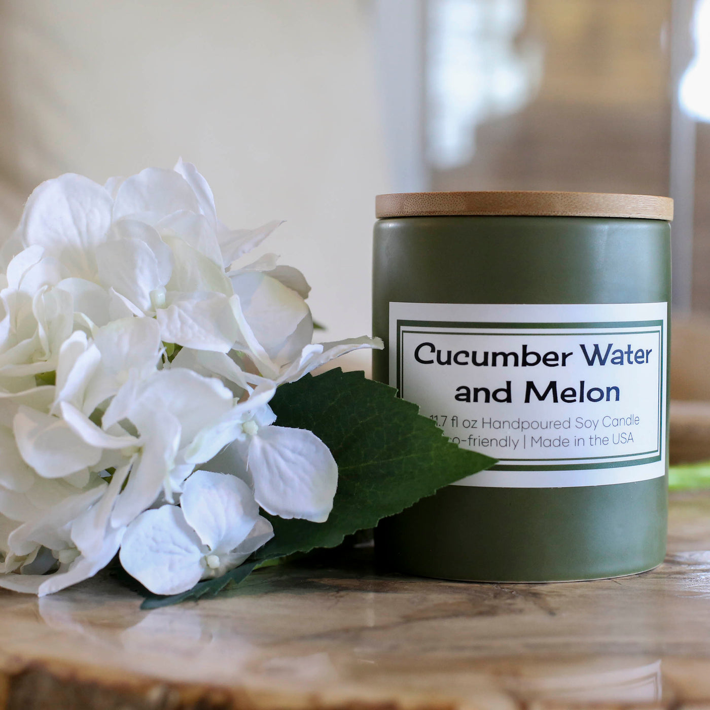 mid century modern spa zen cucumber water and melon all natural hand poured soy candle. Eco-friendly. Made in the USA.