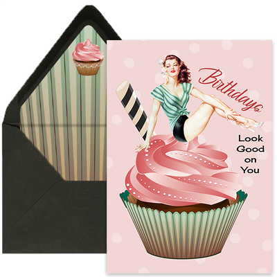 vintage pinup  on cupcake birthdays look good on you sexy birthday card, birthday cards for sexy people